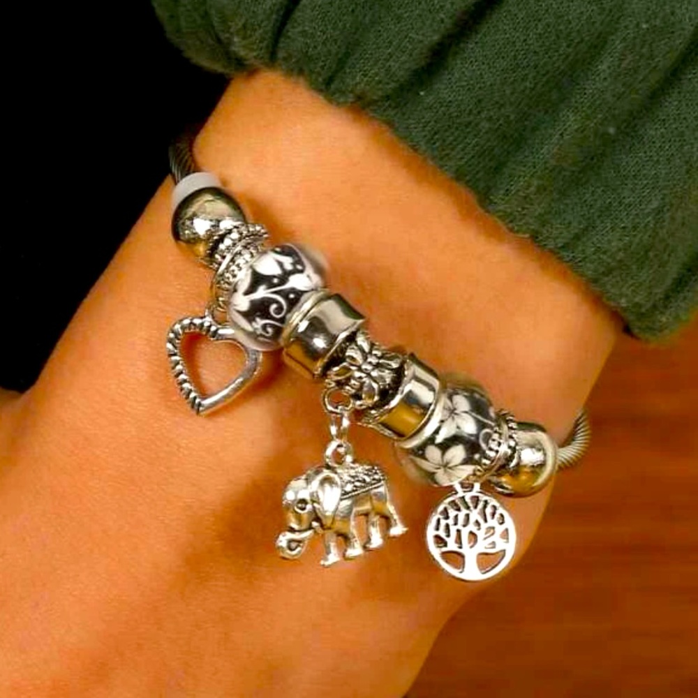 Silver Beaded Adjustable Charm Bracelet